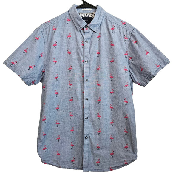 Cactus Man Ricky Singh Men's Blue Button-Down Flamingo Short Sleeve Shirt Size M - Picture 1 of 3